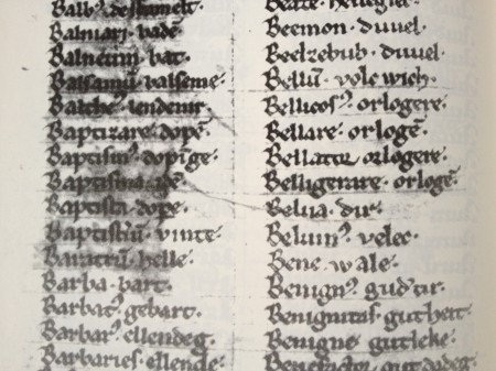 Fragment uit het Glossarium Bernense (1240); woordenlijst Latijn – Nederlands 